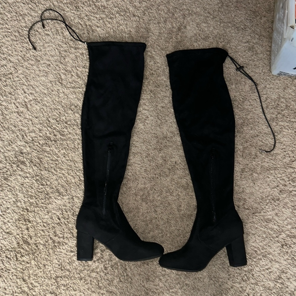 Nature Breeze Black Suede Drawstring Over‎ The Knee Boots Thick Heel boots